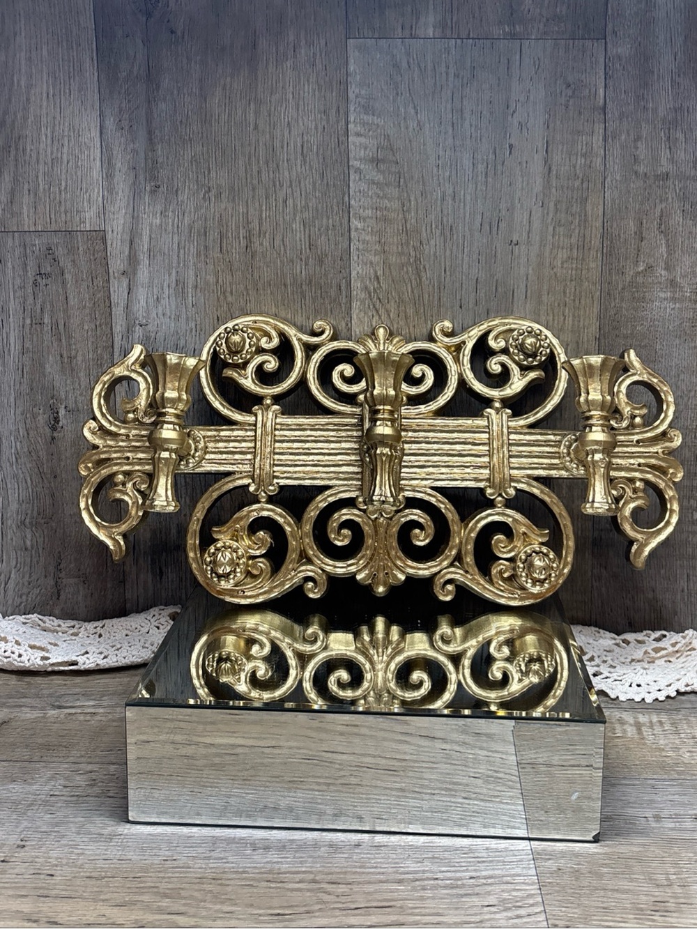 Vtg Homco 3 Arm Gothic Wall Sconce #4193 1970s Gold Tone, 8.5”x 17.5” READ****